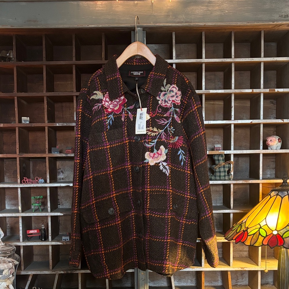 Johnny Was Black Plaid Blazer with Floral Embroidery NWT